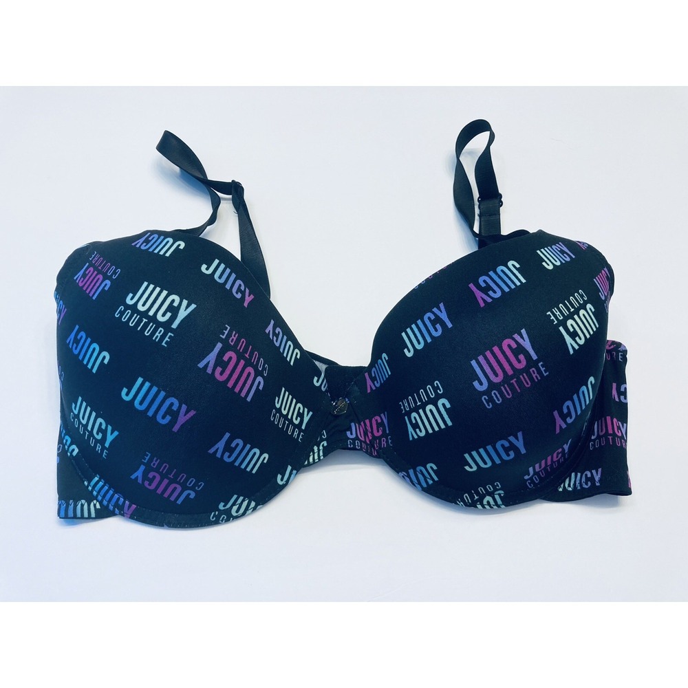 Juicy Couture T-Shirt Bra‎ Women Size 36D Black Multicolor Logo Print Underwire